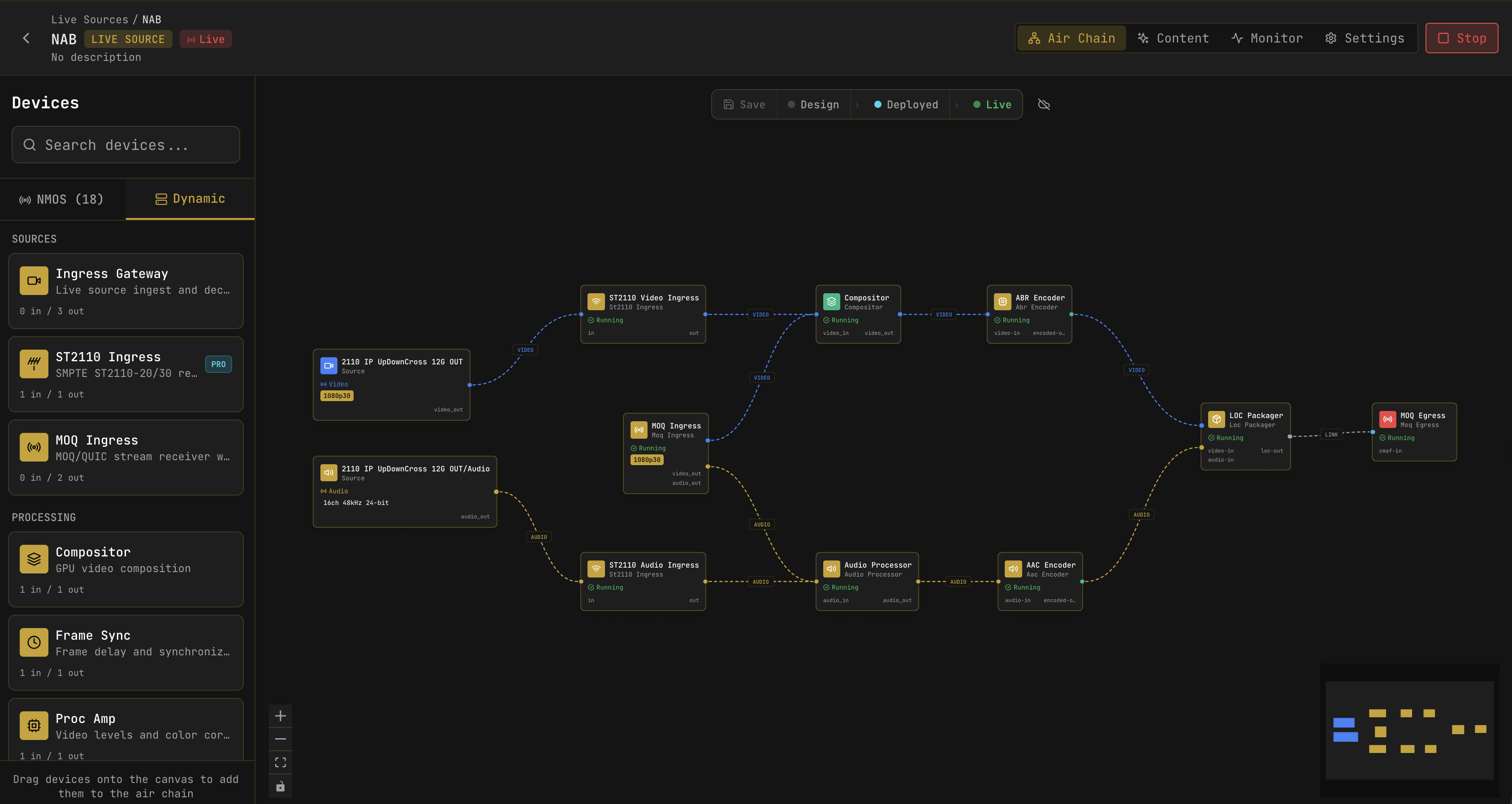 Air Chain editor showing a declarative broadcast signal chain graph